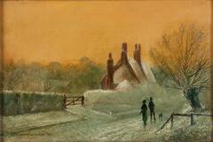 Figures in a winter landscape. A couple and their small dog are silhouetted against snow and ice on a diagonal path lower right by a rail fence and a pollard willow. He is in a top hat and jacket, she in a long coat and broad hat, carrying an umbrella. A cottage with three chimneys and a steep roof is right of center behind a hedge and gate parallel to the path. Another house and wooded horizon are visible through the distant haze under a golden sky.