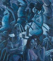 This painting has an overall blue and white palette, with pink and purple tones and shows a crowded group of people seated on chairs with tables. Most of the people are nude or partially-nude women. The main focus is a nude woman in the center wearing a top hat and holding a cane. In the foreground is a woman wearing clothes and sunglasses, her arms are crosed in front of her body. The men in the painting are fully clothed and each wears a hat.