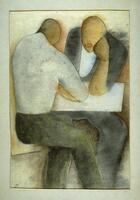 Abstract watercolor of two seated me facing eachother, their arms and elbows on an intermediary table. Larson 2/7/18&nbsp;<br />
&nbsp;