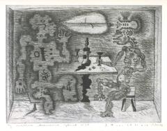 This etching shows two abstracted figures sitting at a table. The table has a variety of objects sitting on it. Above the table, like a thought-bubble, is a vignette of a landscape. The print is titled, numbered, signed and dated in pencil at the base of the page.