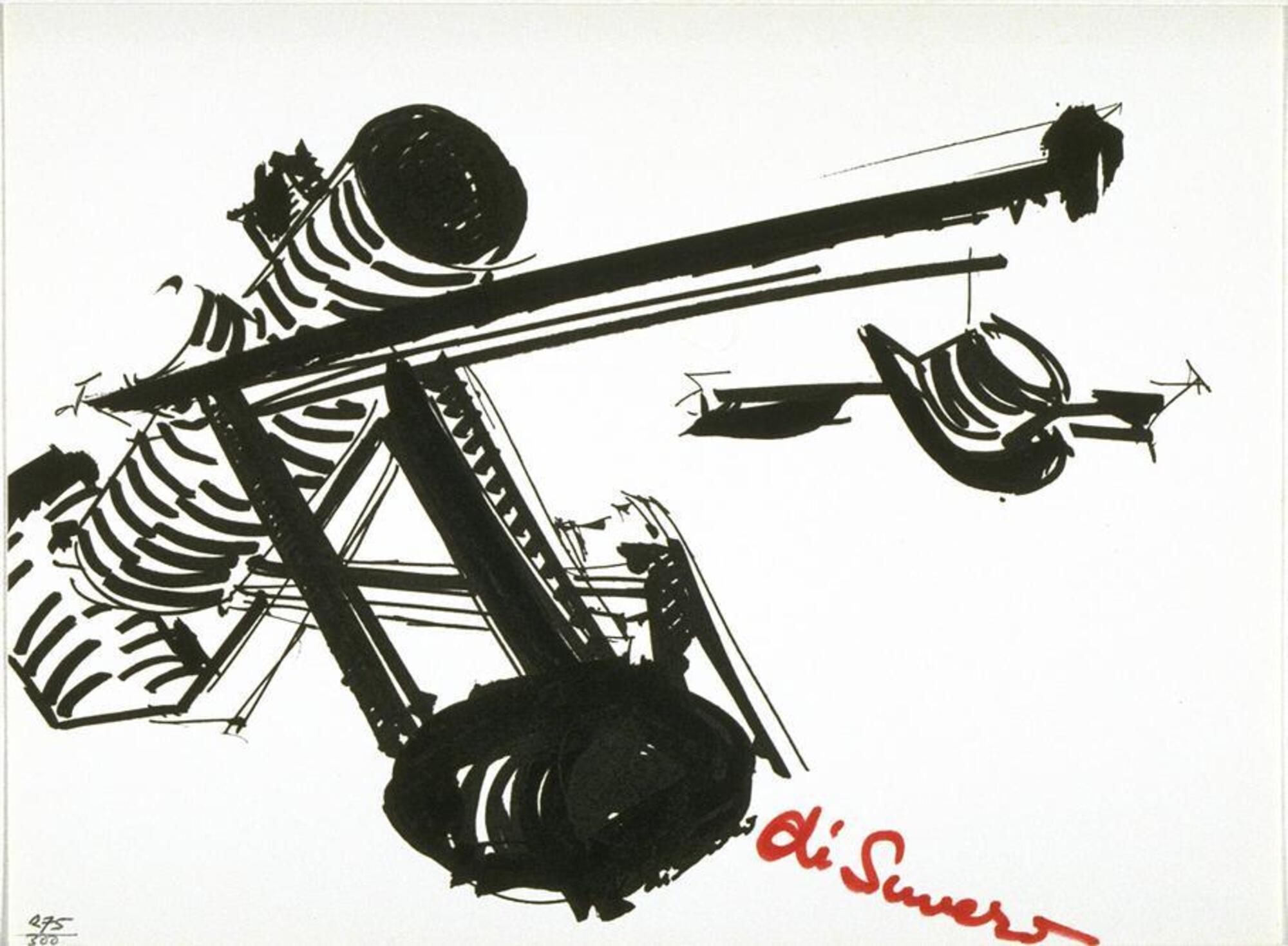 This black and white print shows what could be a loose collection of hardware such as nuts and bolts, with the artist&#39;s signature in red beneath.&nbsp;
