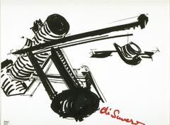 This black and white print shows what could be a loose collection of hardware such as nuts and bolts, with the artist&#39;s signature in red beneath.&nbsp;