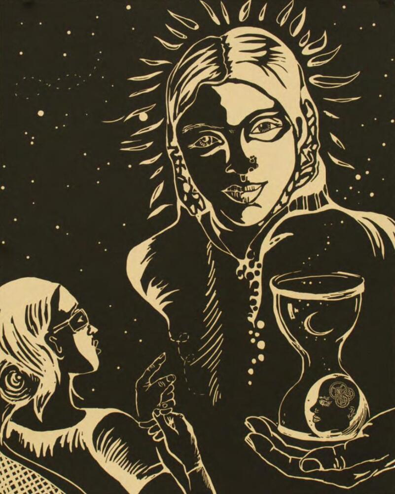 No. 2 of a series of 27 prints. A simple, two-tone palette.&nbsp; The torso of a woman appears against a starlit sky. Another woman, in the lower-left corner, looks at the woman and appears to point at her with her left index finger. An upturned hand, holding an hour-glass with a human head in the bottom, appears in the lower right corner.<br />
Sultana&#39;s Dream was printed and published by Durham Press in 2018.