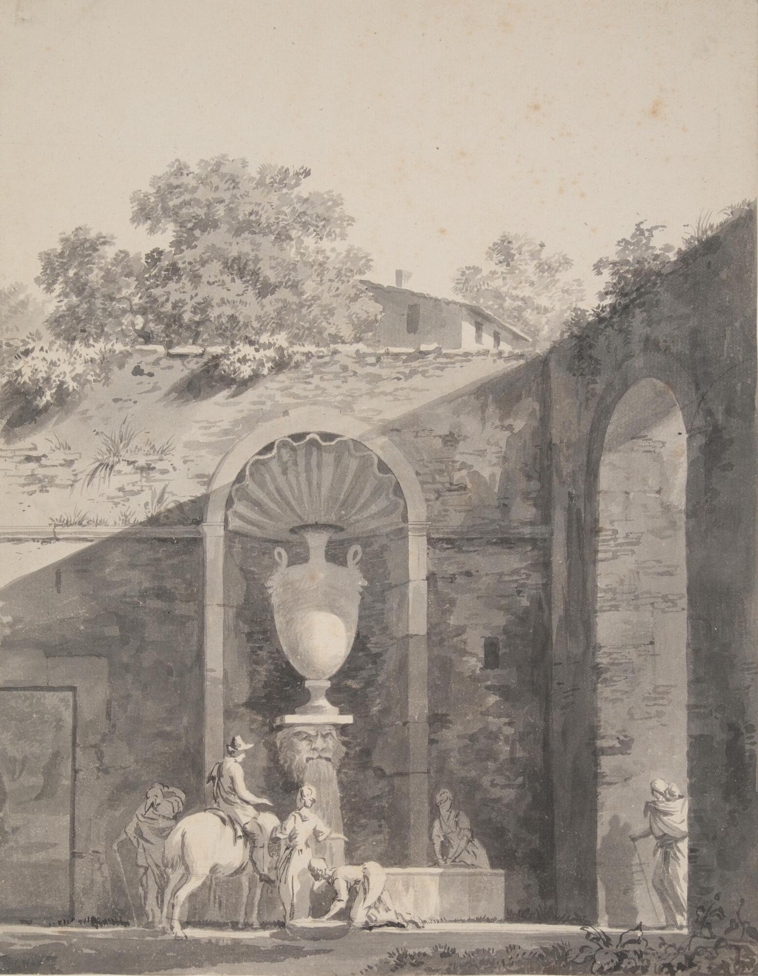 An outdoor scene of a man next to a stone fountain, with a man on a horse and various other people around. The fountain has an arched top and is part of a stone wall with other rounded arched openings. There is a decoration of an ornate handled urn. There is also a fleur-de-lis watermark.