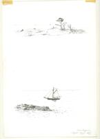The top sketch is of a grassy shoreline overlooking water. The bottom sketch is of a boat sailing past the shore. <br /><br />
Eva Caston 2017