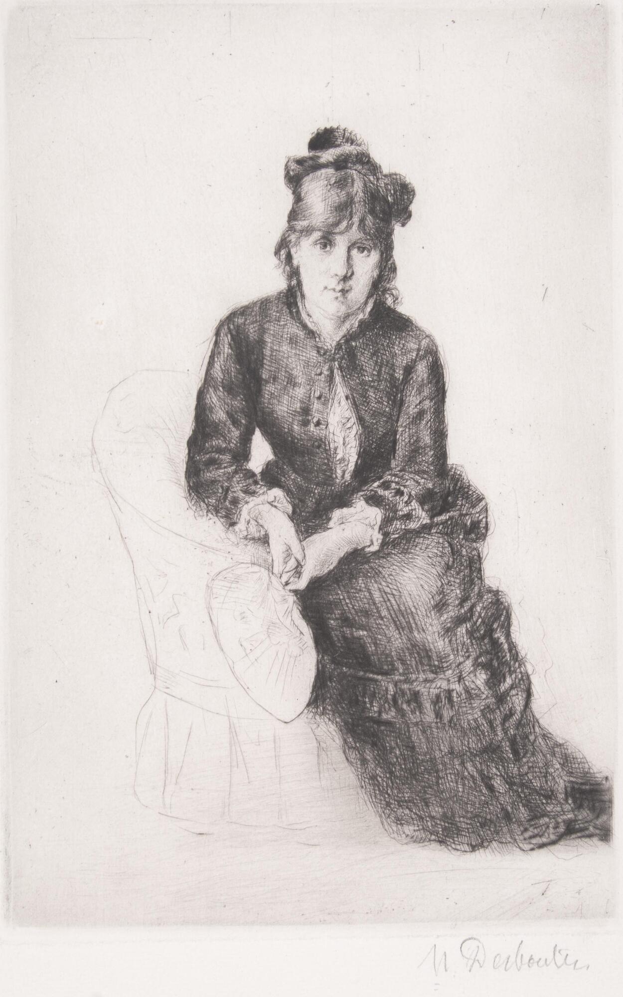 A drypoint portrait of a woman seated on a chair, holding a fan and looking out toward the viewer.