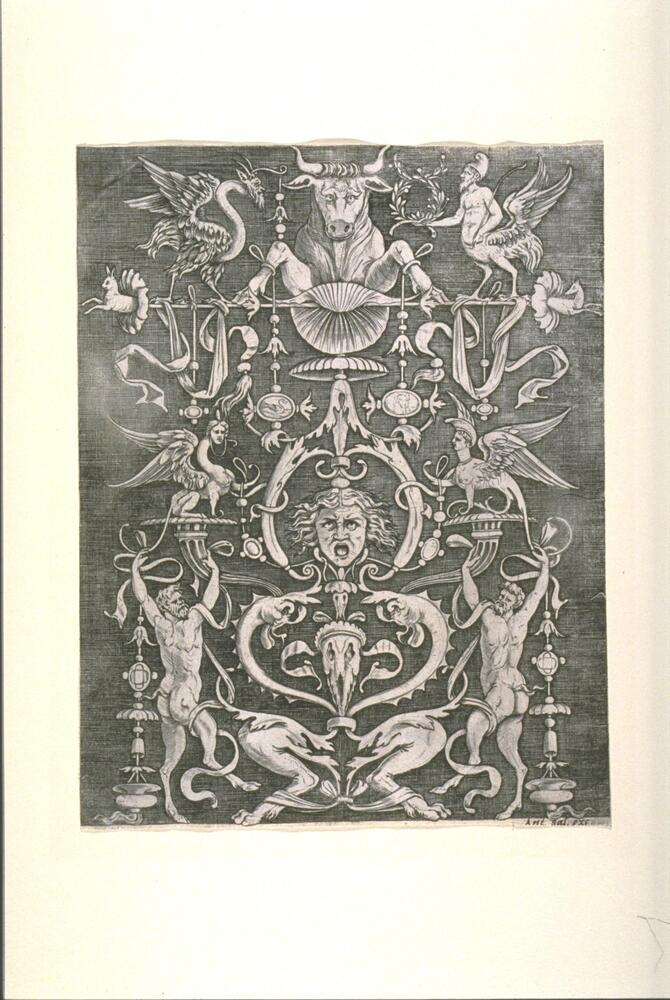 This decorative image is organized along a vertical axis wtih fanciful creatures, grotesque heads, depictions of carved gems and harpies.