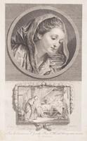 A bust of a pensive female figure enrobed in drapery is encased in a medallion.  It is above a sketched scene with multiple figures in an interior space, who surround a man lying in a bed that is enframed by a garland of foliage.