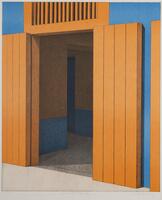 Seeing the inner structure of the house through the door of the orange and blue color house.
