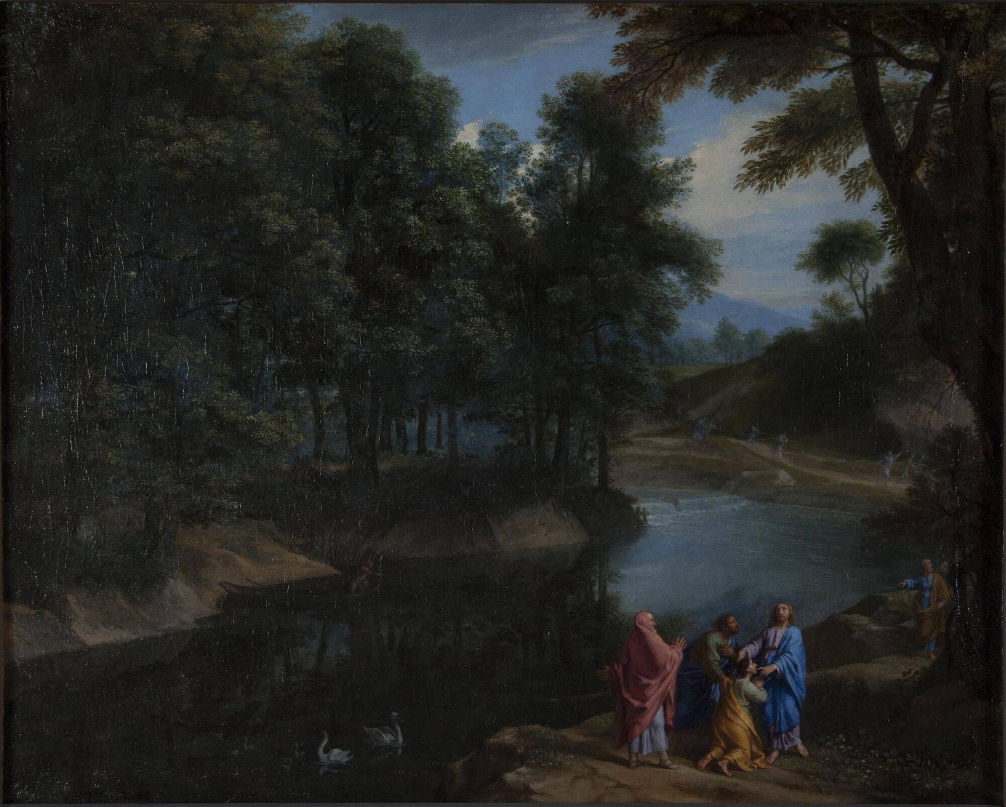 This painting depicts a river passing through a wooded landscape as human figures, dwarfed by the towering trees, move along its banks. The majestic landscape dominates the painting, but a group of four men in the right foreground also competes for attention since the bright, saturated primary colors of their robes stand out sharply against the muted tonalities of their surroundings. One of the men, wearing a blue cloak, places his left finger in the mouth of a man kneeling before him and touches the side of his head with his right hand. A third man leans forward to touch the kneeling figure&#39;s shoulder while the fourth, in a magnificent red cloak, raises his hands in astonishment.