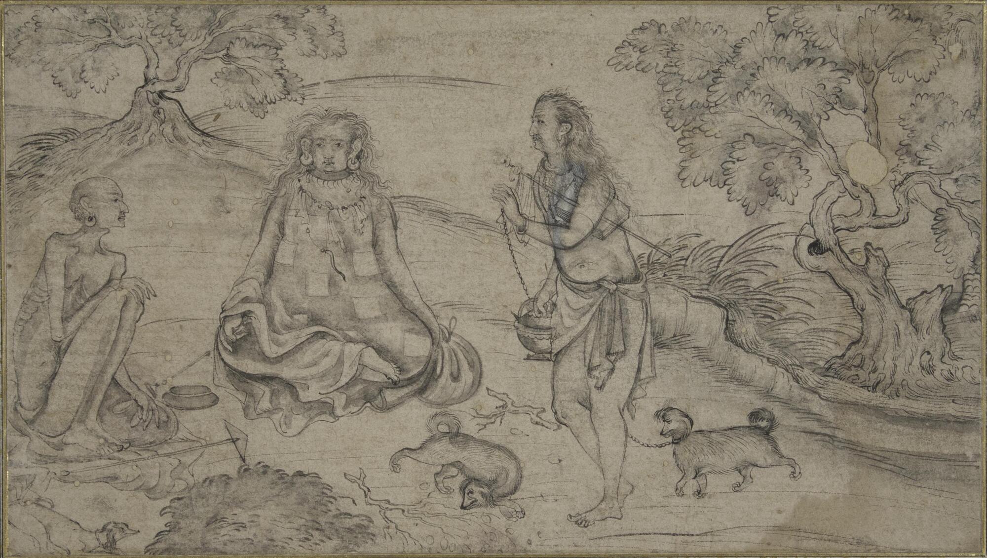 The drawing is mounted on an album page of a yellowish color flecked with gold.  There is a narrow frame in a slighter lighter tone outlined with gold and red lines.  The main figure sits facing the viewer and is in a long robe.  An emaciated, nearly nude figure faces him squatting with his hand on one knee.  Another ascetic stands and offers obeisance to the master.  One dog rolls around in front of him and another on a leash walks behind him.  There is a clump of bushes to the lower left and a tree to the upper left tops a diagonal leading down to the right with a large group of twisted trees. <br />