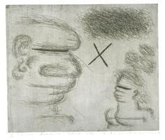 This print depicts two figures as busts, facing one another. It appears to be a woman, on the right, and a man, on the left. Between them is a large thickly-lined "X" and, above it, a mass of black squiggly lines. The print is titled, numbered, signed and dated in pencil at the bottom of the page.