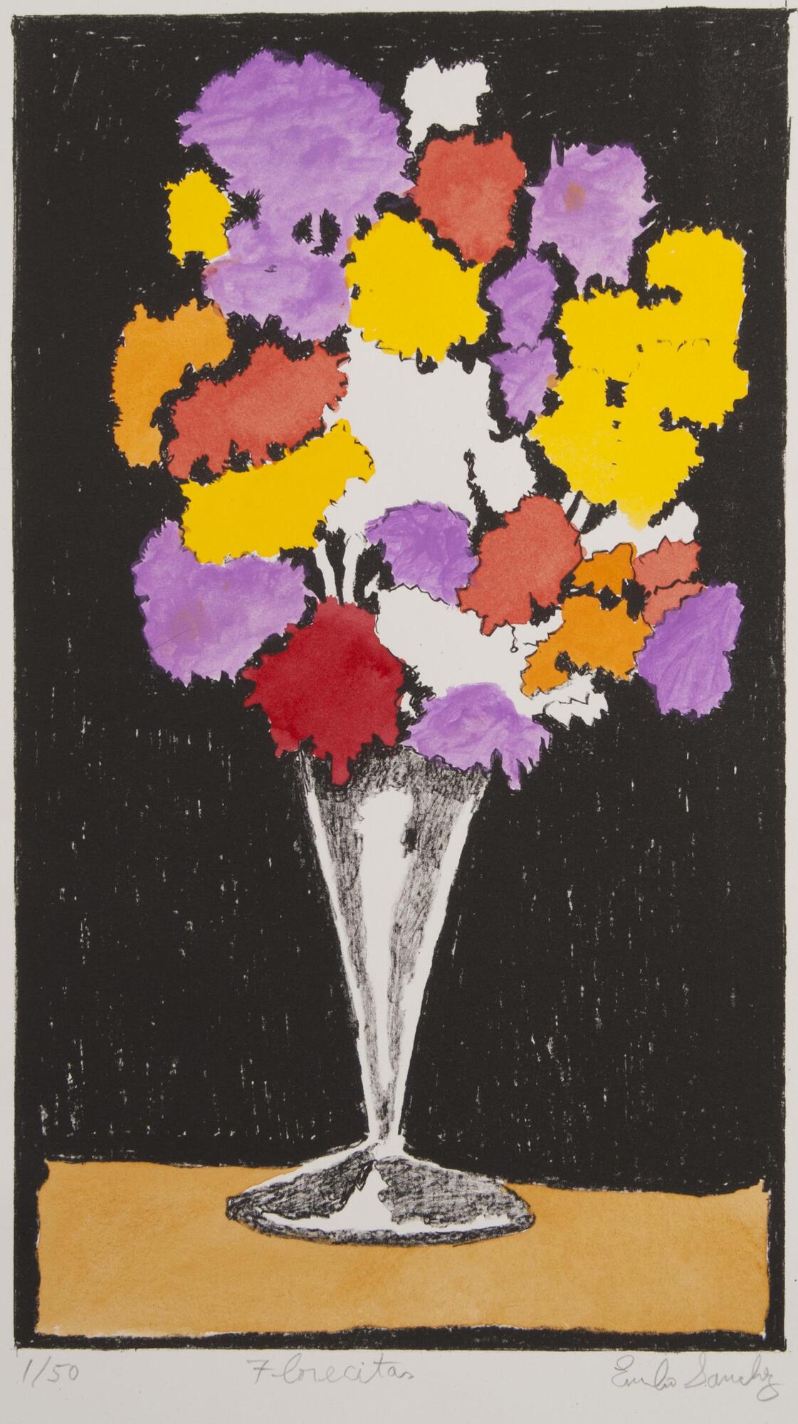 A color print of flowers in a silver vase. The flowers are bright shades of purple, red, orange, and gold.