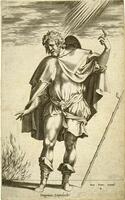 A man wearing a tunic, cape and boots stands in a minimal landscape. His walking stick seems to be falling away from him at the right as the man points upwards toward the sun&#39;s rays, as well as extends his right hand towards fire at the lower left.