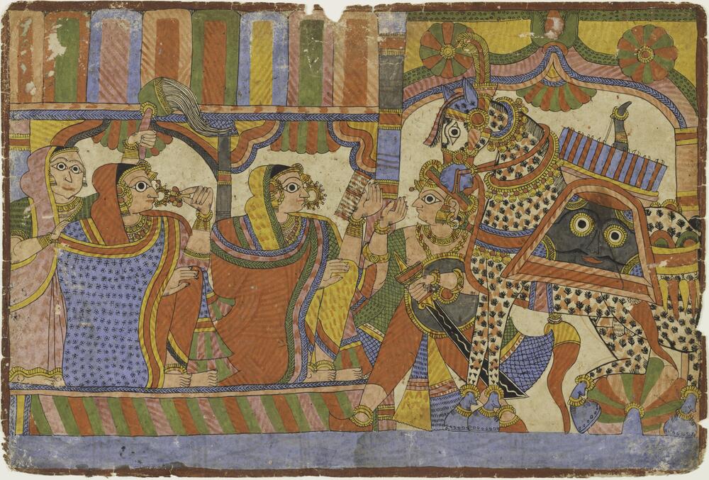 Three women look toward a man and white horse. The man holds a sword with his left hand and his body is in frontal view while his face is in profile. The horse is ornately decorated; its body has orange and green vegetal motifs all over. The horse's saddle is decorated with a green mustached face with large round eyes. The horse and the other figures have prominant almond shape eyes.