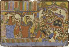 Three women look toward a man and white horse. The man holds a sword with his left hand and his body is in frontal view while his face is in profile. The horse is ornately decorated; its body has orange and green vegetal motifs all over. The horse's saddle is decorated with a green mustached face with large round eyes. The horse and the other figures have prominant almond shape eyes.