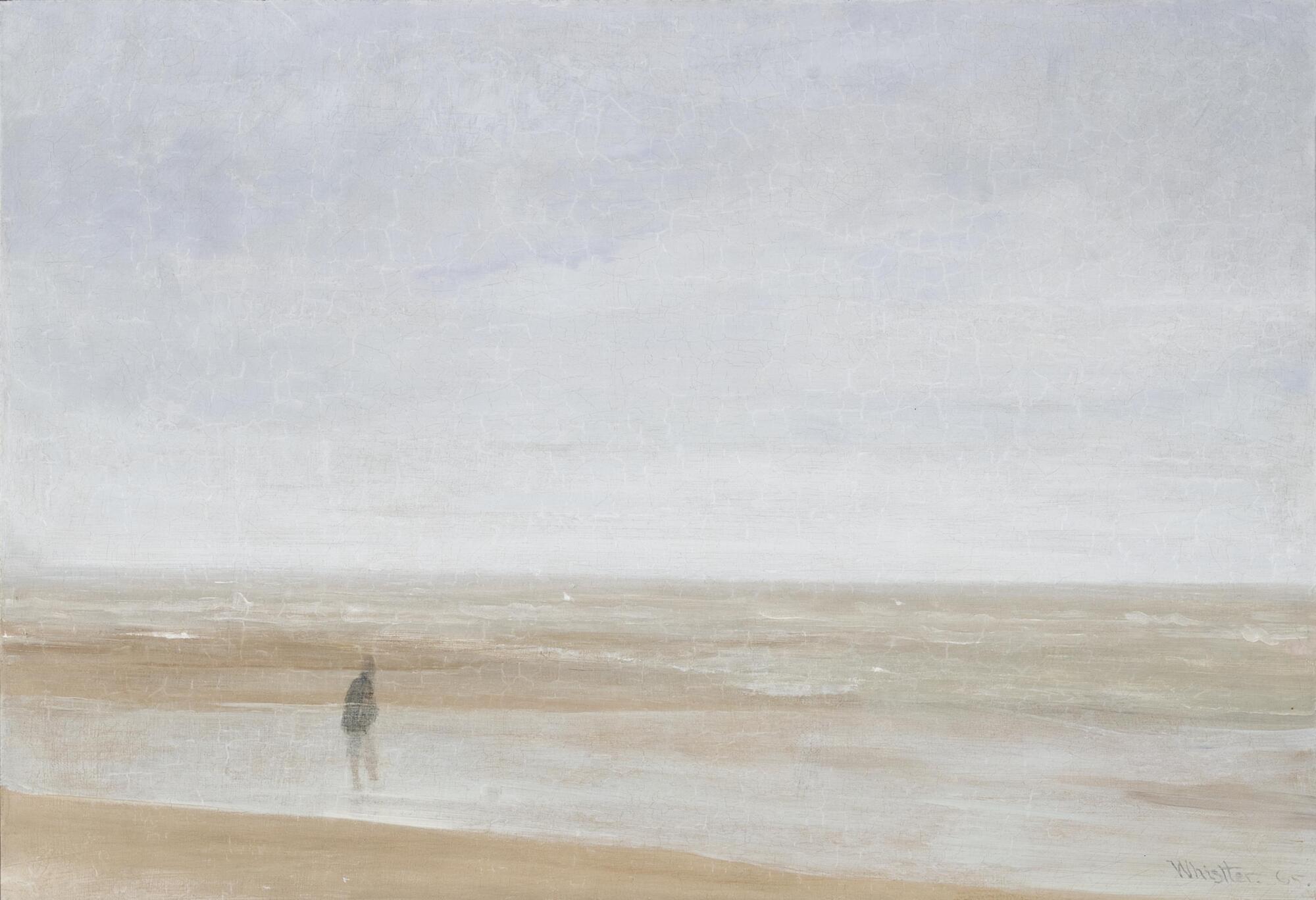 The painting depicts a solitary male figure standing along the shore. The thin layers of paint evoke a misty, overcast day with the figure standing perhaps on a tidal flat.