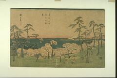 Landscape with water and mount Fuji in the background. People are wandering on the green grassland, having picnics, and enjoying the pleasant weather and the beauty of cherry blossoms.