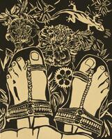 No. 6 of a series of 27 prints. A simple, two-tone palette.&nbsp; A pair of feet, wearing sandals, are seen looking down from the sandal-wearer&rsquo;s point of view. In view below the feet are flowers, a lizard and a mechanical gear.<br />
Sultana&#39;s Dream was printed and published by Durham Press in 2018.<br />
&nbsp;