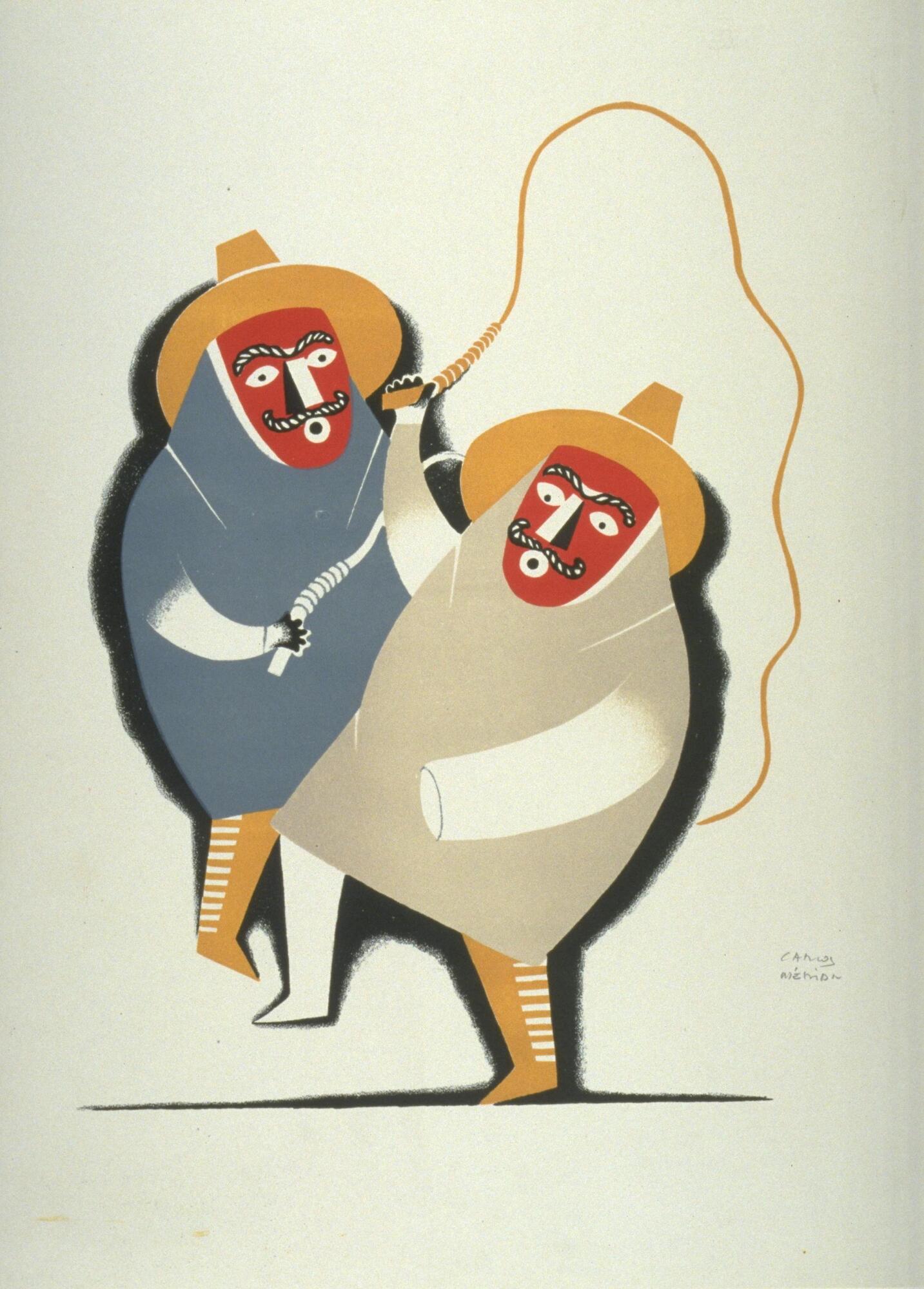 Centered on the page, this print shows two figures. The one in the foreground is wearing a grey cloak, while the one in the back has a blue cloak. Both figures have one orange boot, and orange hats. Also both figures are wearing red masks with stylized mustached-faces. The front figure holds an orange whip, and the back figure holds a white whip.