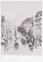 This lithograph is printed in black ink on a rose-colored chine collé paper. It depicts a wide Parisian boulevard as though seen from above at a distance. Large trees and buildings line either side of the street. Vehicles and pedestrians, many of whom appear to hold umbrellas, people the scene.