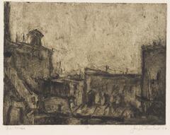 Black and white monotype of a factory scene in mottled grays.