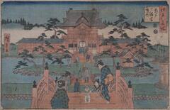 A woodblock print depicting men and women in traditional japanese clothing crossing three red bridges in the central foreground that lead to a red temple in the central background. An island with trees is in the center of the scene. There are white clouds covering the horizon and surrounding the temple.