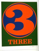 The number &quot;3&quot; in orange in a blue circle with a green background; the word &quot;THREE&quot; written bottom center.