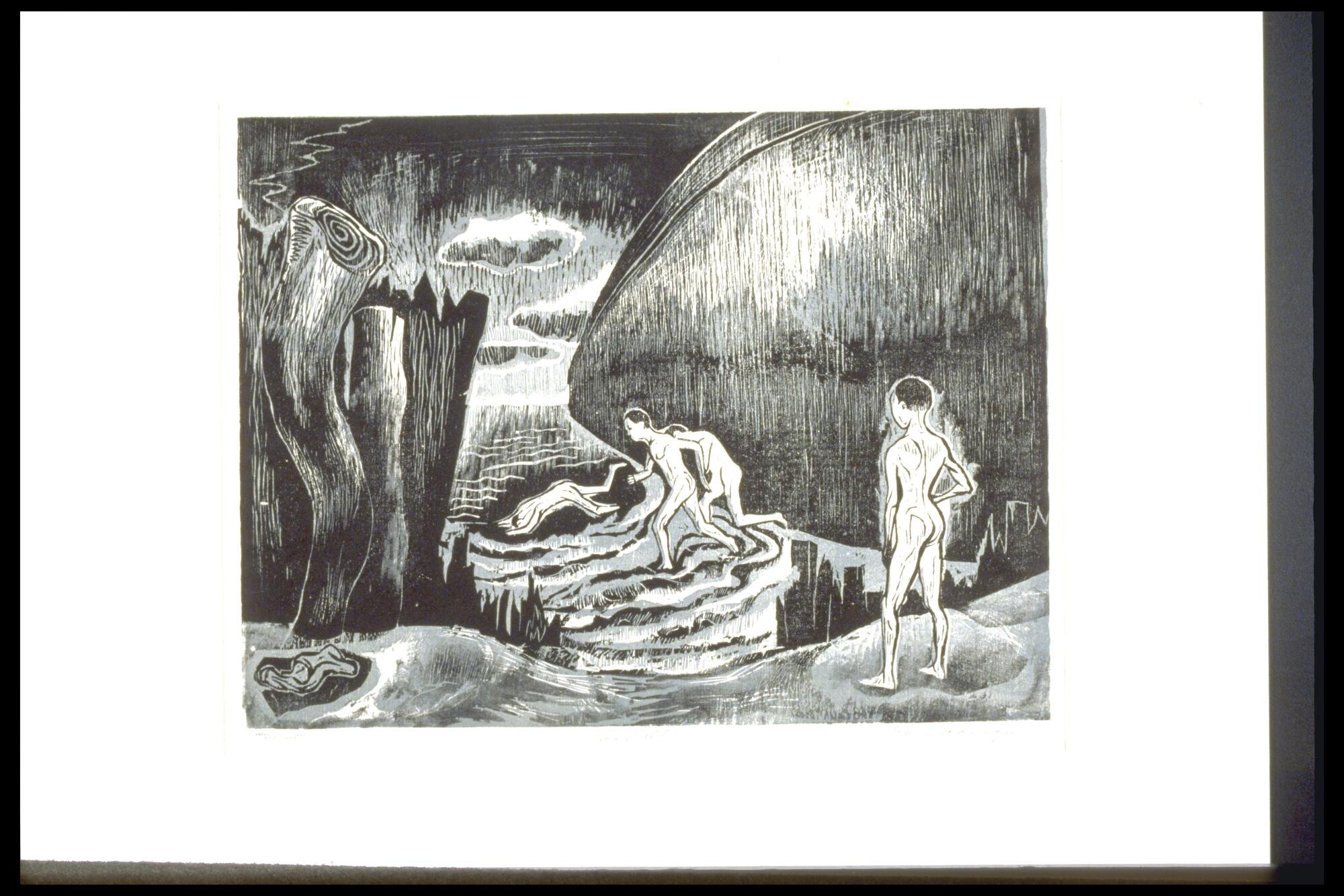 Three nude figures stand, and one figure swims in a body of water. &nbsp;A large wall is on the right side of the print, and a small fire burns on the left.