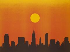 A sunset cityscape view with the sun right above the high-rise buiildings in New York City.