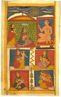In the upper register of this folio a woman holds a child who is crowned and adorned with jewels. The golden hue of the infant, along with the fan held above their heads signifies the child’s importance. They sit in devotion before a Jina, indicated by his nudity—a trademark of Digambara Jina and a sign of purity.