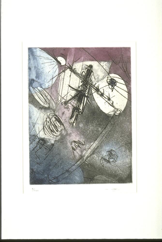 In this print, there is a figure that is formed in the upper right with thick black lines. It floats above abstract circular line designs. There is a blue and purple background, with areas of light behind the figure, darker areas below the figure. The print is signed (l.r.) and numbered (l.l.) "5/100" in pencil.