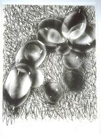 This lithograph depicts a series of oblong orbs arranged in an oval. The background is a patternless, dense formation of squiggly lines. The print is numbered and titled (l.l.) "54/60 Banraku" and signed and dated (l.r.) "James Rosenquist 1970" in pencil.