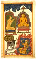 A naked Jina sits on a throne with a naked monk to his left offering praise. A devotee sits in a lotus pond that is surrounded by flames, yet his face appears serene ans he holds his rosary. Two cobras appear next to the flames, with a three in the background.
