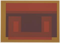 An abstract print of six red rectangluar shapes