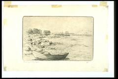 This horizontal print shows a small rowboat in the foreground with a rocky wharf wrapping around the left side with several houses perched on it.