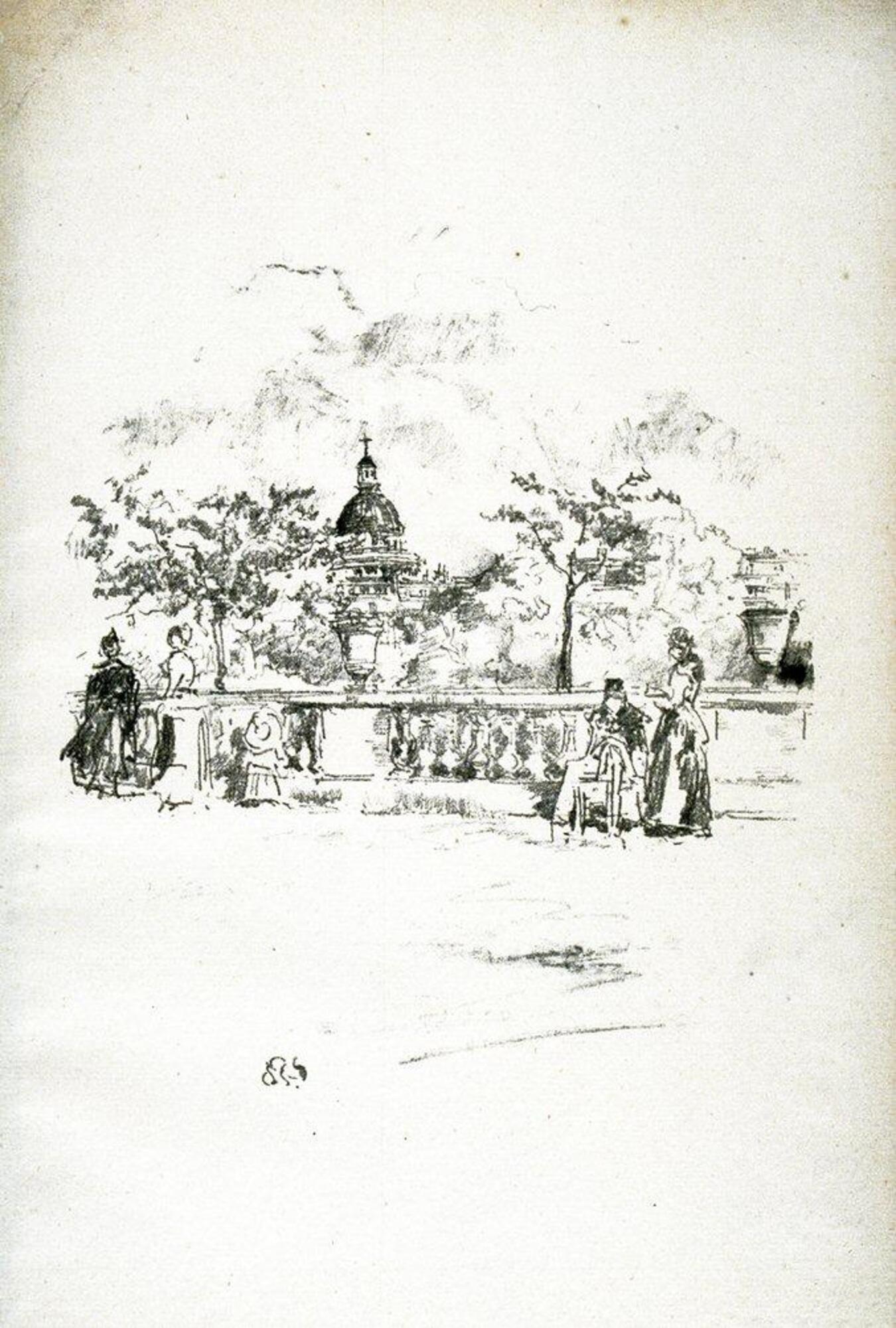The balustrade of a public park walkway seen at a slight distance acts as a foil for several figures grouped in front of the balustrade. To the left, two women stand talking while a child, with her back facing the viewer looks between the balusters towards the dome of a building in the distance beyond some trees. Too the right of the composition, a seated man and a woman shown in profile are grouped. Two ornamental urns decorate the balustrade.