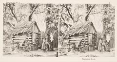 This black and white stereoscopic image features two images of an African American girl and man standing near a small log and plank building within a wooded area. The man is holding an implement against a grinding stone. <br /> It is surrounded by the text: Sample Set No. 1; Plantation Scene.<br />