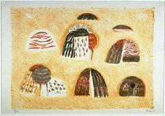 This print shows six igloo-like forms in two rows of three, each drawn in different striped or dotted patterns in blacks, browns, and reds. Two smaller, half-moon shapes float at the top. The background is a light beige.