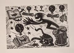 An abstract print in black, a figure standing on a trash can reaches towards an open book that has lips and is holding a wand with a star on the end with more stars around it. The figure leans over a winking cat that is reaching towards a wind-up mouse, and balloons with clocks telling different times drift in the background, each carrying a rolled paper or an open book. One of these open books is prominent in the lower left corner and depicts a four-legged animal with a tail.