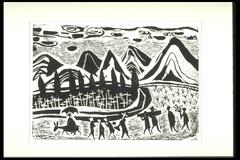 This print shows a mountainous landscape scene with a funeral procession in the foreground. In the midground is a row of trees, in front of which is a small cemetery marked by a collection of crosses. The funeral procession includes a person riding a four legged animal and holding an umbrella, a figure carrying a cross, another a shovel, two carrying a coffin, and one person carrying flowers.