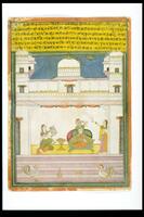 A lady appears to be getting ready (shringar). One of her attendant holds a mirror close to the lady's face, and the other holds a fly whisk. Two parrots are shown in the sky depiced above the palace. Cocks are shown on the staircase below where the lady and her attendants sit.