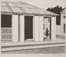 A black and white print of a house on a street corner.  The image is crisp with stark black and white contrast and textures in shades of gray.  The house appears to have a covered walkway in which stands a woman wearing a hat.