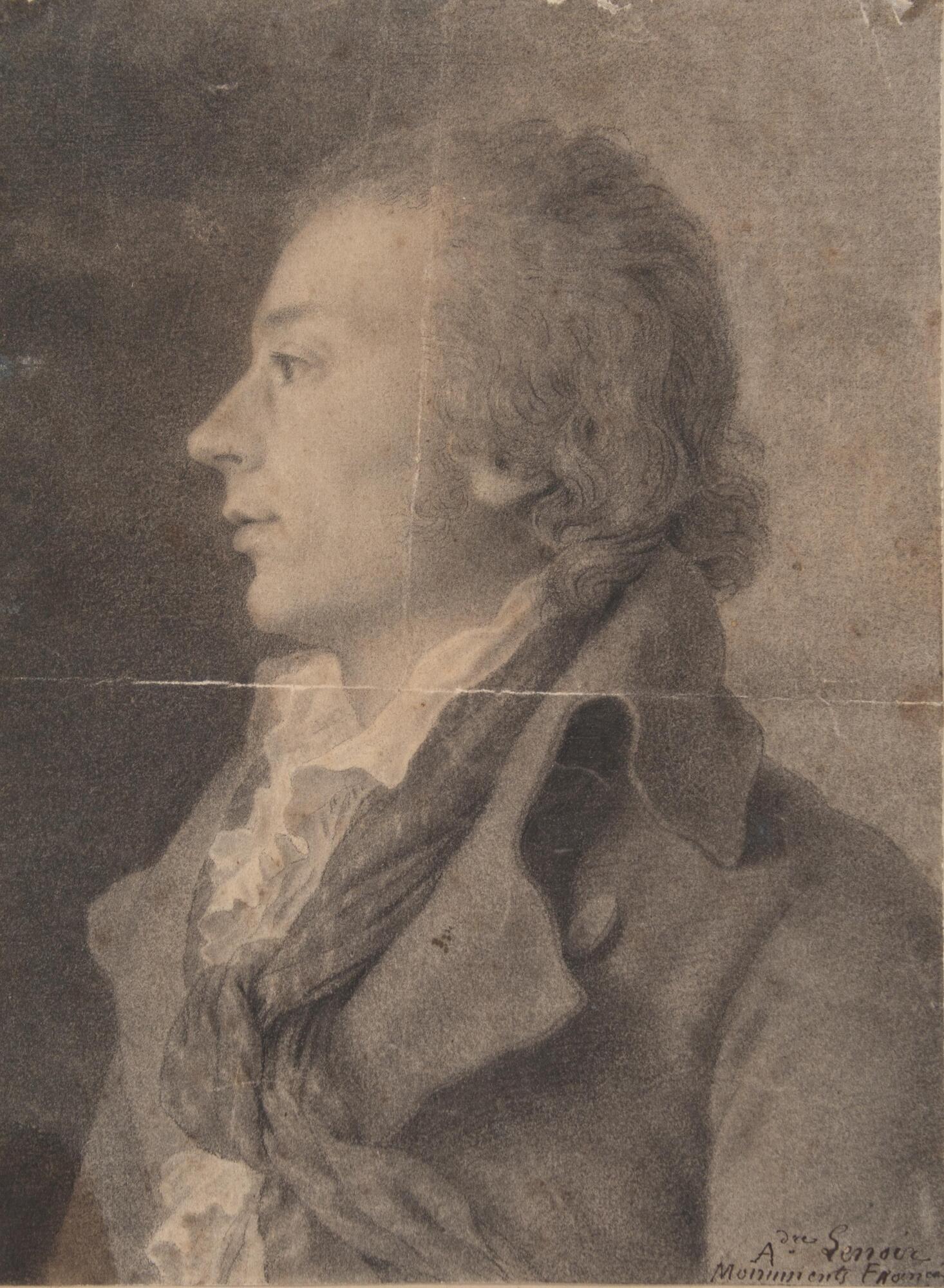 A side profile of a young man wearing traditional colonial dress with ruffled collar and scarf. He is seated to the left.
