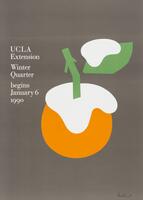A black poster with text referring to the UCLA Extension Winter Quarter arranged on the middle left. To the right is an orange circle capped with white and a green stem emerging from its top. Above is a green shape with a white shape upon it.