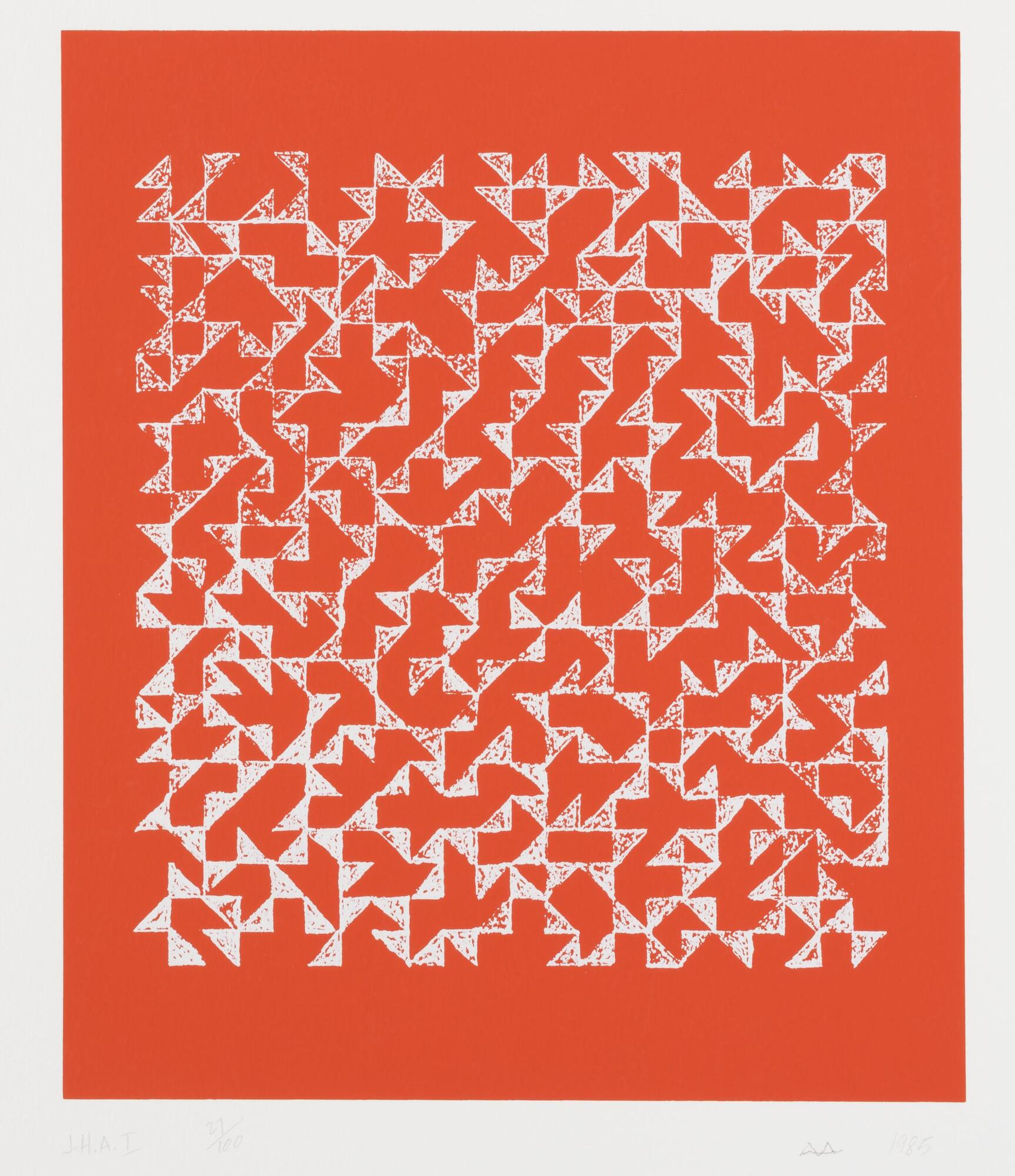 This vertical abstract composition resembles a quilt-like pattern of red on white on red background. 