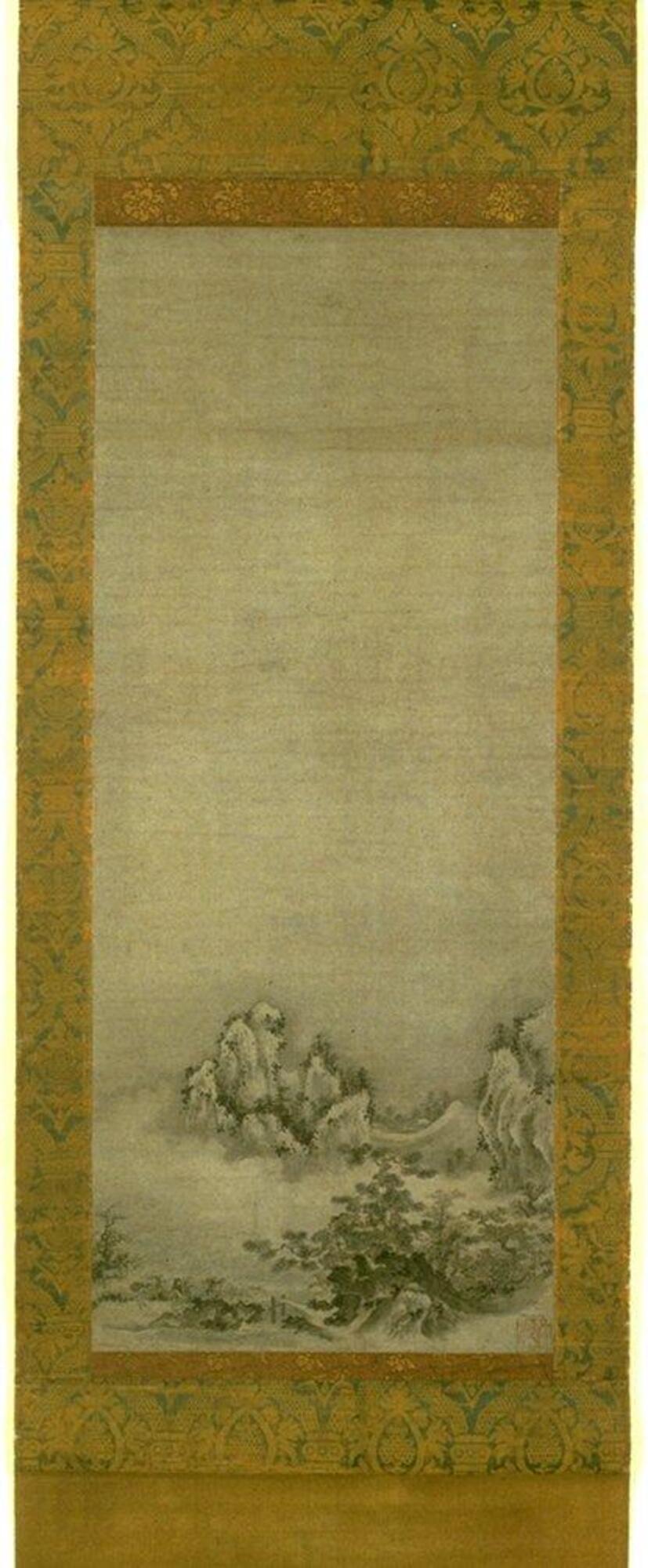 The entire top portion of this painting is seemingly blank, but represents the air and atmosphere.  Below are mountains hugged by clouds and trees and vegetation in the phase of autumn.