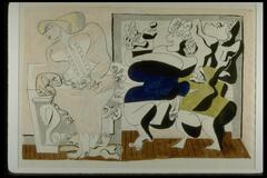 This work is a drawing of three female figures in an abstract style. The figures are curvaceous and wear short dresses and corsets. The woman to the left has blond hair and is colored with light pinks and white. The two figures to the right are more boldly colored, one in blue and black, the other in green and black dresses. These two women stand in front of a doorway. The floor is colored brown and detailed with black horizontal lines as if to depict wood panels.