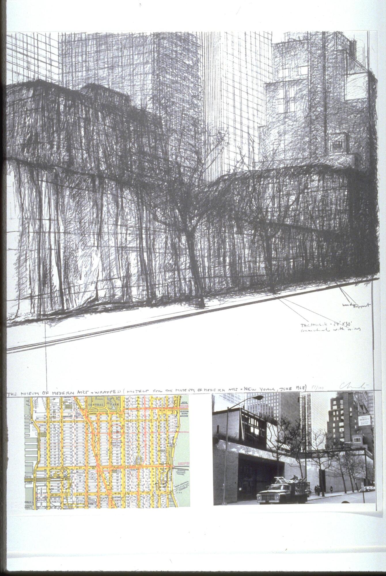 This print includes three seperate images and text.  At the top is a sketch in black ink of the Museum of Modern Art, wrapped in textile, with buildings behind it.  Below is a map of the area in NYC around MoMA and a photograph of MoMA, unwrapped. Handwritten labels and notes are included.