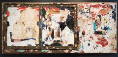 This painting has three main panels, created with painted frames. Within each are a series of collaged images and newspaper clippings, abstract painting, and text.
